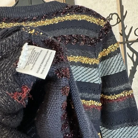 Tory Burch Sweater Stripe Metallic Merino Wool Alpaca Blend Danielle Navy Thick - Picture 8 of 11